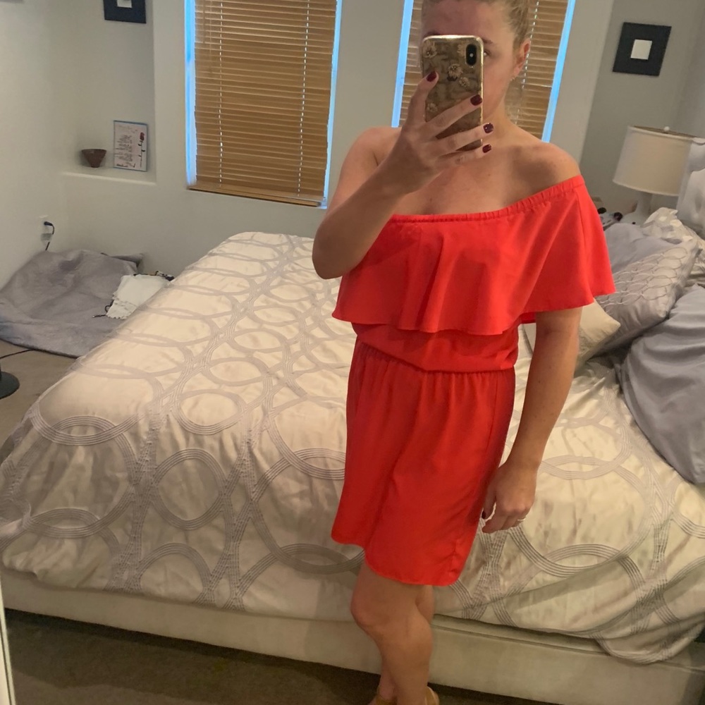 Express, bright coral, one-shoulder dress